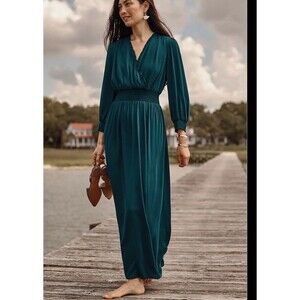 J Jill Smoked Waist Sateen Dress Ruffled Maxi Teal 2X 259